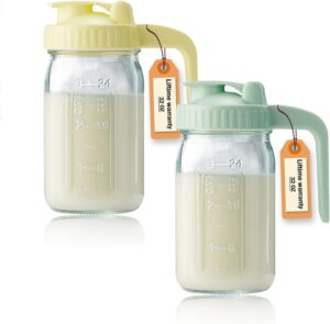 32oz Glass Pitcher with Lid & V-shaped Pour Spout - 1 Quart Double Leak Proof, Creamer Container for Sun Tea, Juice, Cold Brew Coffee, Breastmilk Storage Container-min