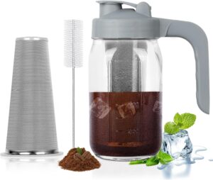 Cold Brew Coffee Maker Pitcher,32 Oz Glass Mason Jar Pitcher with V-shaped Pour Spout Handle Lid,Stainless Steel Filter for Iced Coffee,Iced tea,Breast Milk...-min