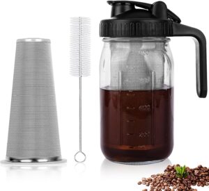 Cold Brew Coffee Maker,32 Oz Mason Jar Pitcher with Stainless Steel Filter, Pour Spout Handle Lid, Heavy Duty Glass Airtight & Leak-Proof Pitcher for...-min