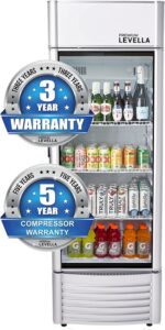 PremiumLevella PRF65DX Glass Door Display Refrigerator 6.5 cu ft Commercial Beverage Cooler Merchandiser With Customizable Lightbox - Silver 