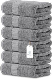 White Classic Luxury Hand Towels - 100% Turkish Cotton, Hotel Spa Quality, 16x30 Inches, 6-Pack (Light Grey)