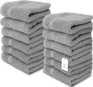 White Classic Light Grey Luxury Cotton Washcloths - 12 Pc Set, 13x13 Inches, High Absorbent, Quick-Dry, Hotel-Style Face Towels