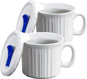11 CorningWare 2-Pack 20oz Ceramic Meal Mugs with BPA-Free Vented Lids, French White-min