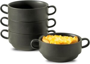 20 Tikooere Soup Bowls, 22 oz French Onion Soup Bowls with Handles, Stackable Ceramic Bowls Set of 4, Dinner Bowls for Chili, Beef Stew, Soup, Cereal, Oven Microwave Dishwasher Safe, Matte Black-min