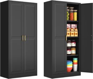 60 Inch Tall Pantry Cabinet, Metal Kitchen Storage Cabinet with Doors and Shelves, Black Cupboard for Food Stora-min